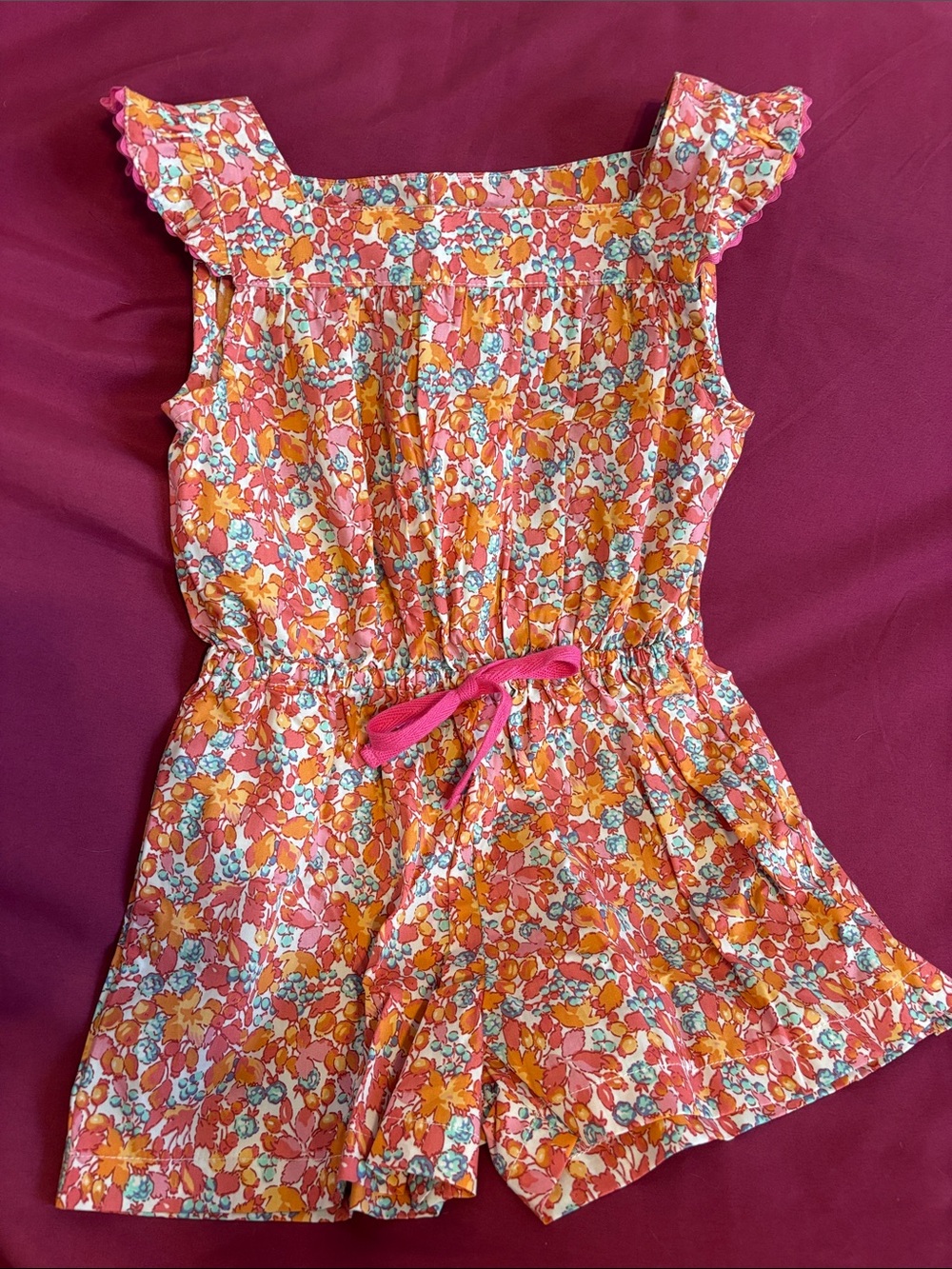 Girls Floral Romper - Pink Orange Floral Print
